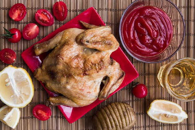 Foto gratuita pollo arrosto per cena con birra; patata; limone e pomodoro sulla stuoia di bambù