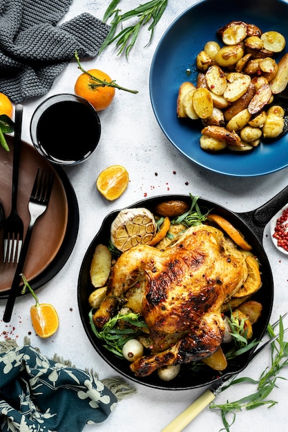 Free photo roasted chicken with potatoes holiday dinner food photography