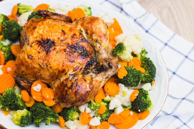 Roasted chicken with vegetables on plate