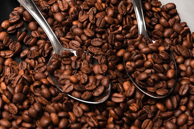 Roasted coffee beans close up