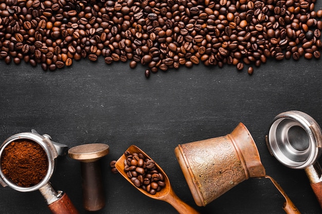 Free photo roasted coffee beans with accessories