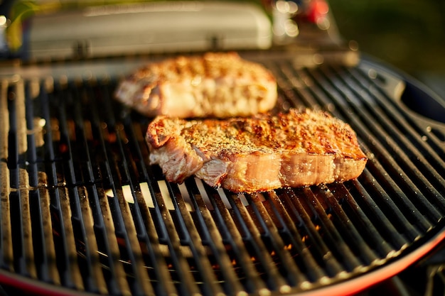 Жареное мясо на газовом гриле на мангале на открытом воздухе во дворе, мясо на гриле стейк, летний семейный пикник, еда на природе.