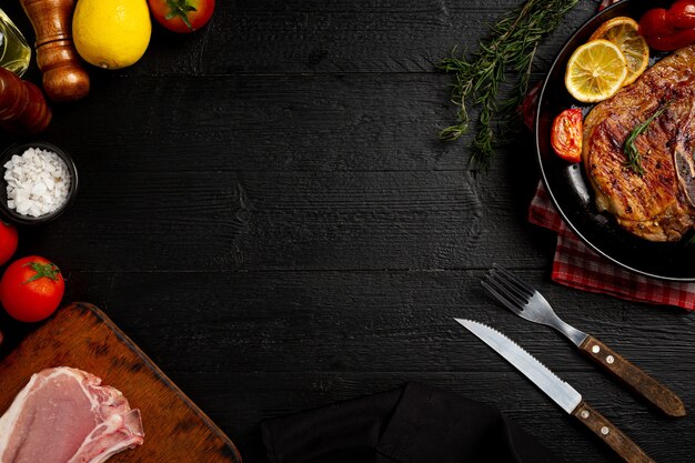 Roasted pork steak on the dark wooden surface.