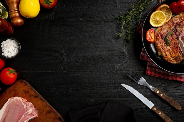 Roasted pork steak on the dark wooden surface.