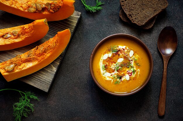 Roasted pumpkin and carrot soup with cream, seeds and fresh green in ceramic bowl. Top view