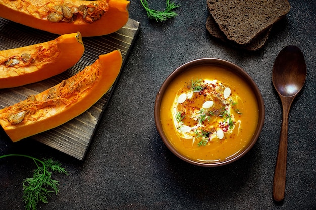 Жареный суп из тыквы и моркови со сливками, семенами и свежей зеленью в керамической миске. Вид сверху