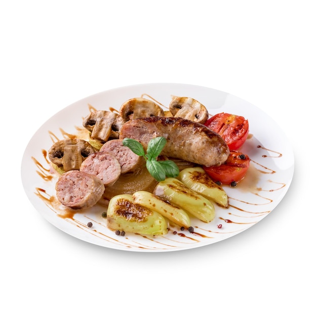 Free photo roasted sausages with tomato sauce and vegetables on a white plate. isolated on white background. photo for the menu