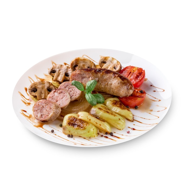 Roasted sausages with tomato sauce and vegetables on a white plate. Isolated on white background. Photo for the menu