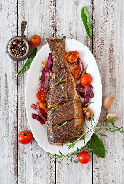 Roasted seabass with vegetables 