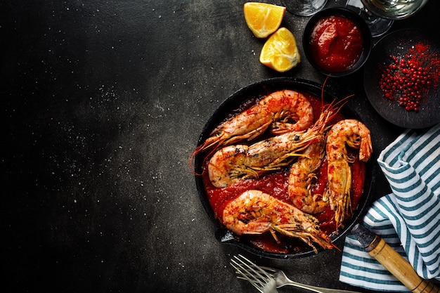 Roasted shrimps on pan on table