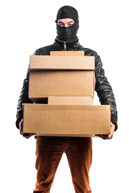 Robber holding boxes