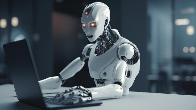 Robo advisor chatbot robotic concept Robot finger point to laptop button Generative Ai