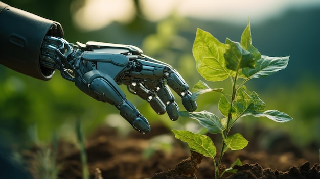 A robot arm planting a tree in a green field