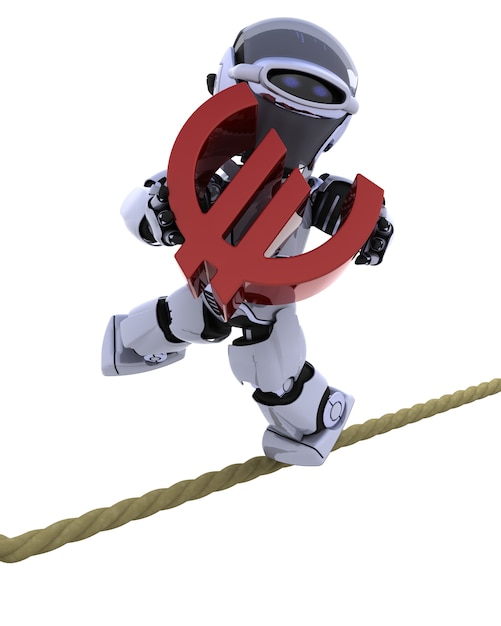 Robot balancing on a tight rope with a euro symbol