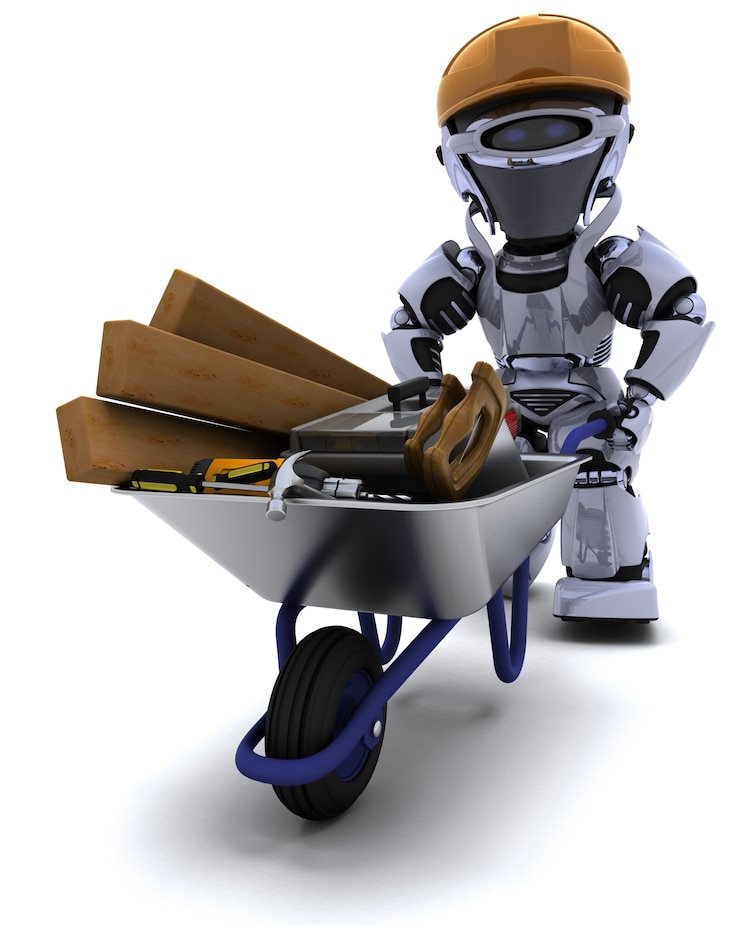 Free Photo robot builder with a wheel barrow carrying tools