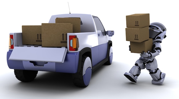 3d визуализации робота загрузки коробок в задней части грузовика