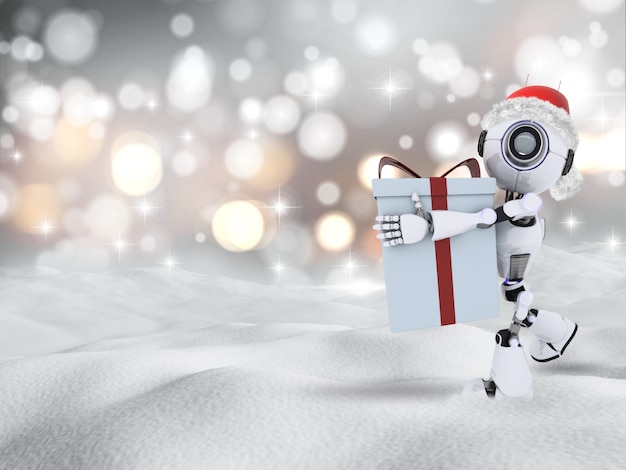 Il rendering 3d di un robot che trasporta un regalo natale in neve