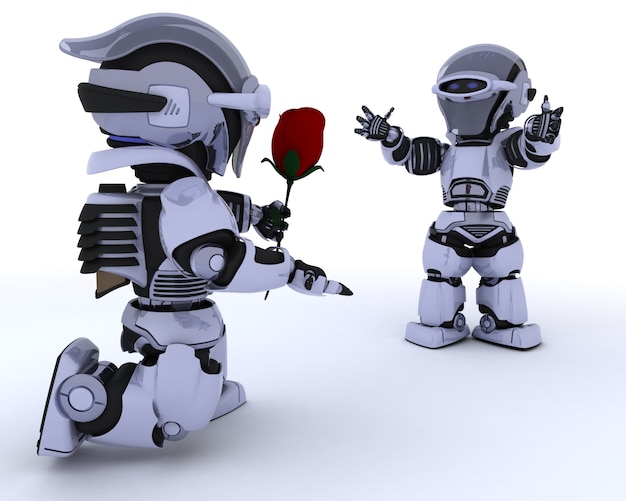 Robot giving a red rose to another robot