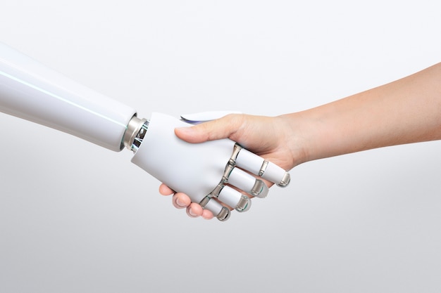 Робот рукопожатие человеческий фон, цифровое преобразование искусственного интеллекта