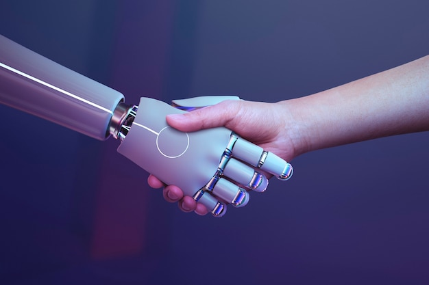 Robot handshake human background, futuristic digital age