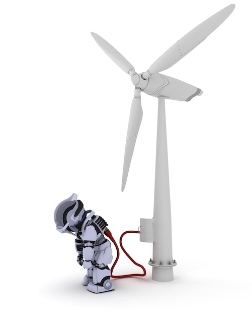 Free photo robot recharging by wind turbine