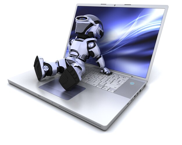 Robot relaxing on a laptop