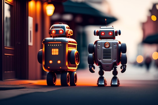 A robot and a robot are standing on the street.