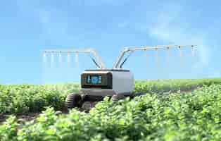 Foto gratuita robot che spruzza fertilizzante nell'orto