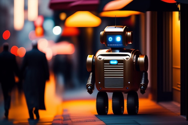 Free photo a robot stands on a street in front of a storefront with people walking in the background.