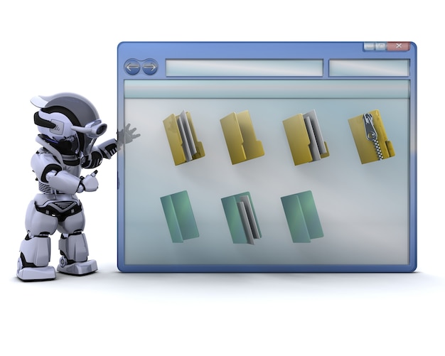 無料写真 3dは、コンピュータのウィンドウとフォルダアイコンでロボットのレンダリング