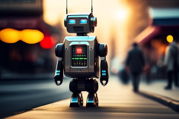 顔に箱が付いたロボットが通りを歩いています。
