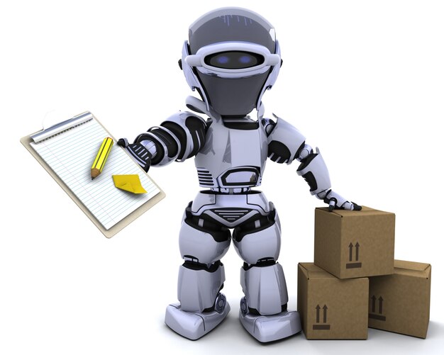 Robot with clipboard and boxes