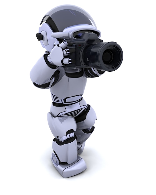 デジタル一眼レフカメラとロボットのレンダリング3D