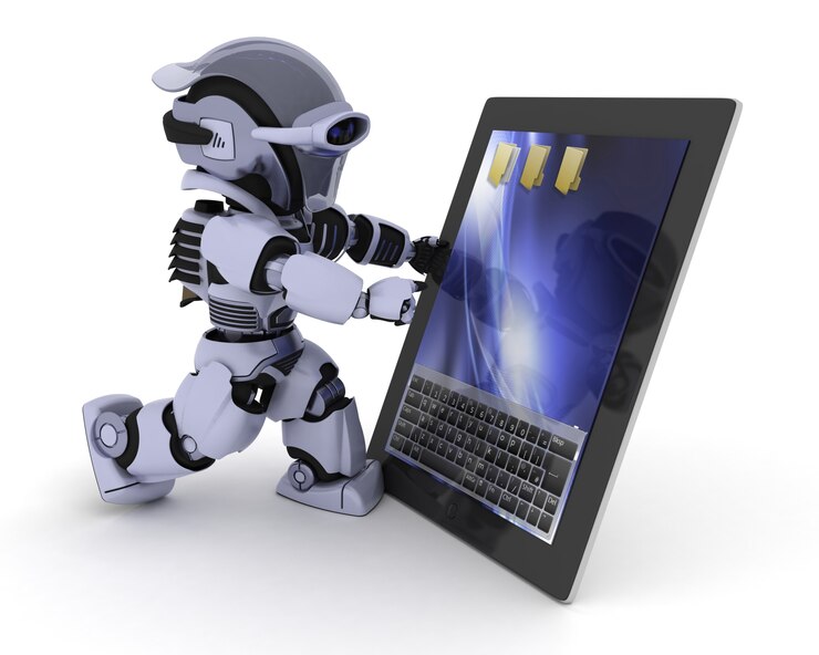 Free Photo robot with a digital tablet