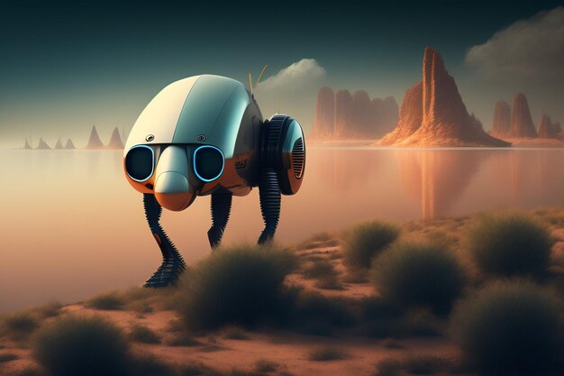 A robot with glasses stands in a desert.