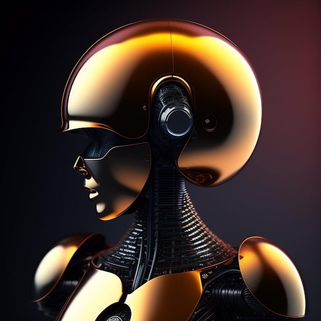 A robot with a golden head and a black background.