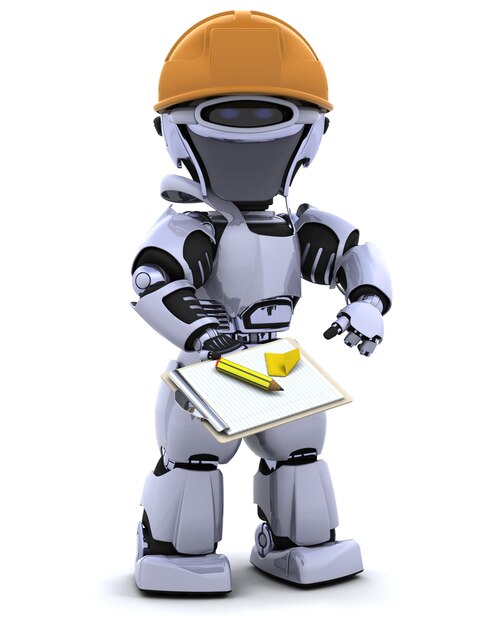 Robot with helmet and clipboard