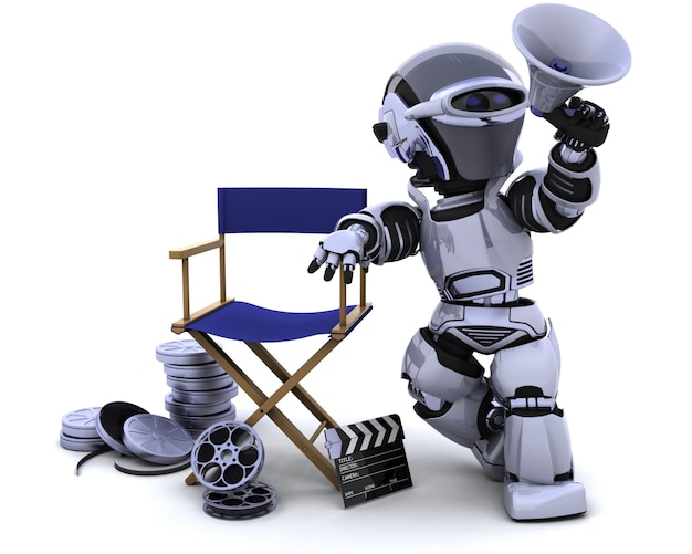 Бесплатное фото 3d визуализации робота с мегафоном и директоров стула
