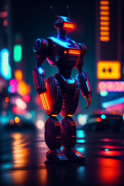 A robot with neon lights on it