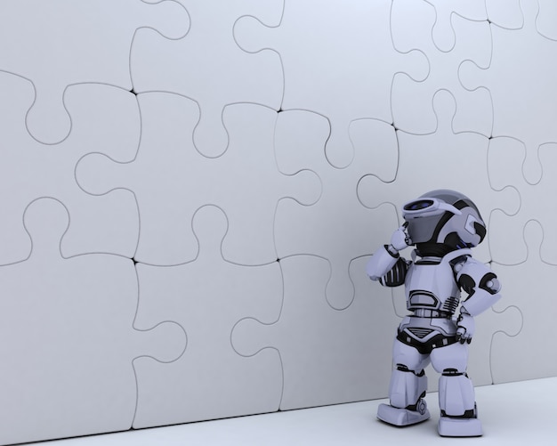 Free photo robot with a puzzle wall