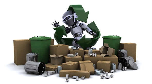  robot with trash and recycle symbol 