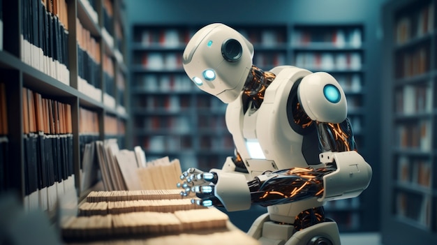 Foto gratuita robot che lavora come bibliotecario invece che come essere umano