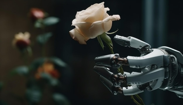 Бесплатное фото Роботизированная рука деликатно держит свежий стальной цветок, созданный искусственным интеллектом