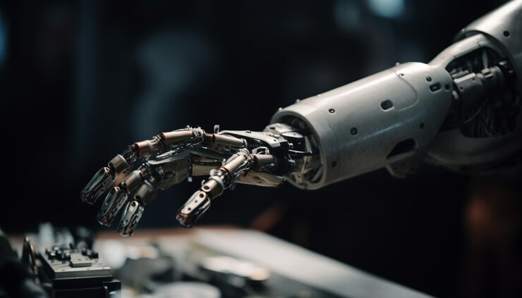 Free Photo robotic arm holding wrench repairs metal machinery generated by ai