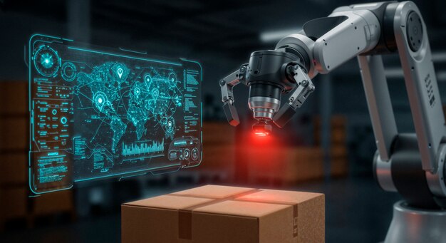 robotic arm scanning package in smart warehouse