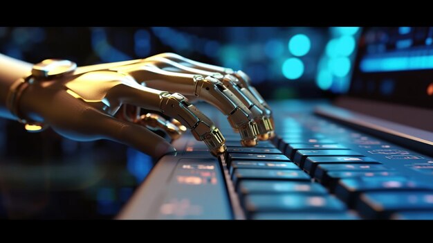 Robotic cyborg hand pressing a keyboard on a laptop