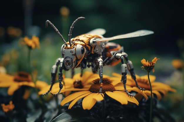 Free photo robotic insect with flowers