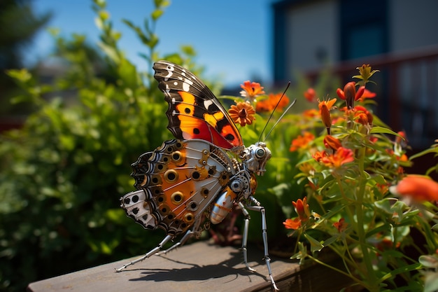 Free photo robotic insect with flowers