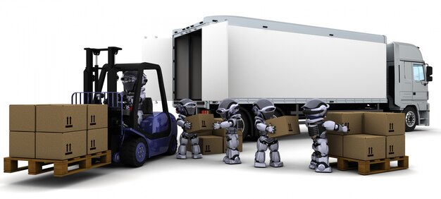リフトトラックを運転ロボットのレンダリング3D