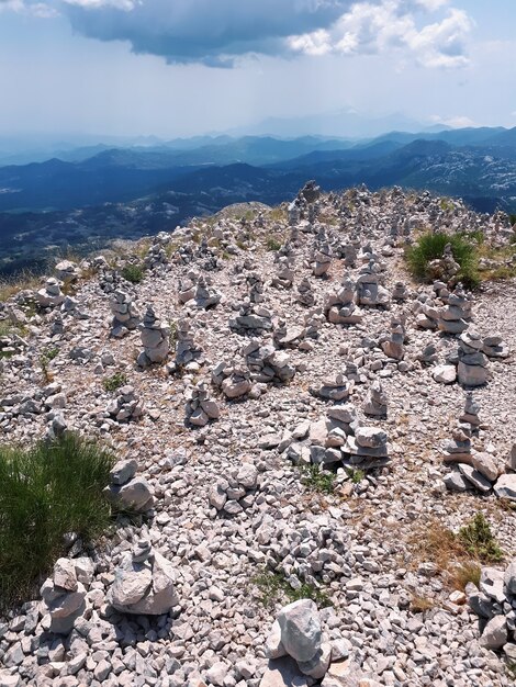 Rock balancing on mountain in Montenegro